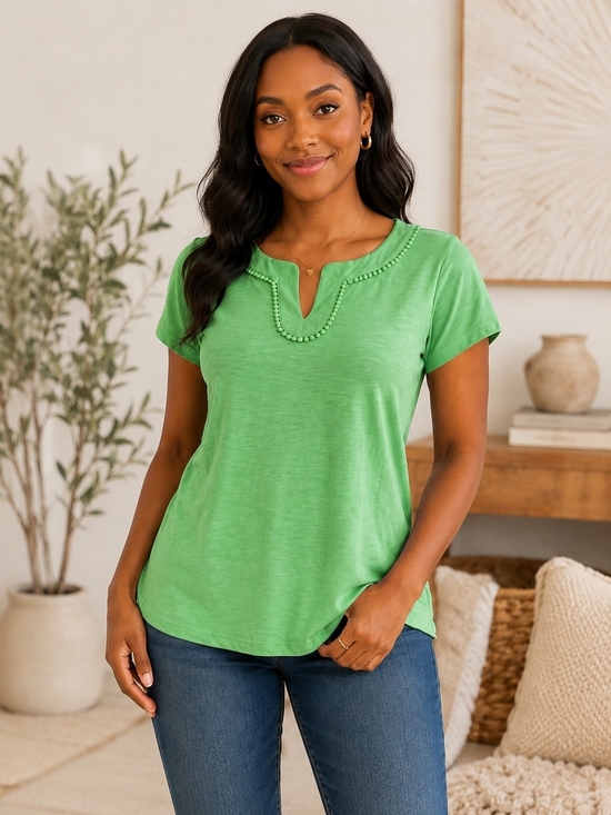 Talbots Tops - Talbots Green Beaded Notch-Neck Short Sleeve Tee